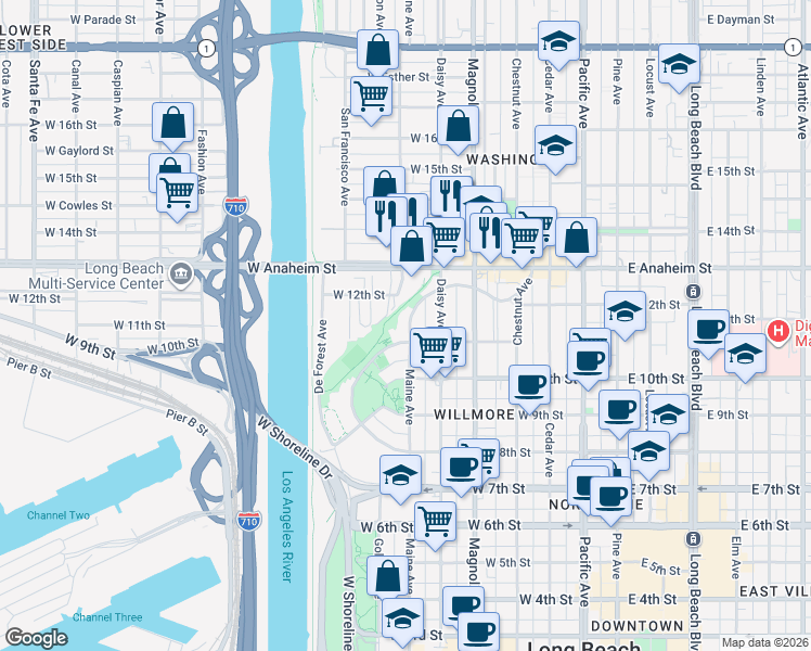 map of restaurants, bars, coffee shops, grocery stores, and more near 1099-1025 North Loma Vista Drive in Long Beach