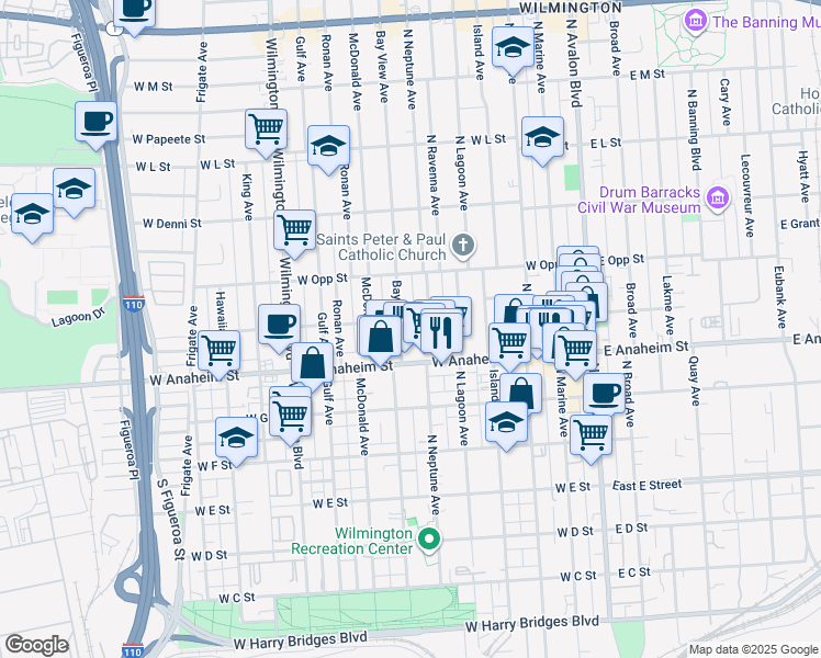 map of restaurants, bars, coffee shops, grocery stores, and more near 601 West Anaheim Street in Los Angeles