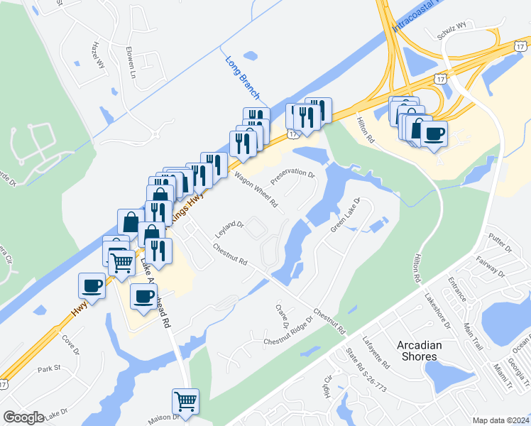 map of restaurants, bars, coffee shops, grocery stores, and more near 9750 Leyland Drive in Myrtle Beach
