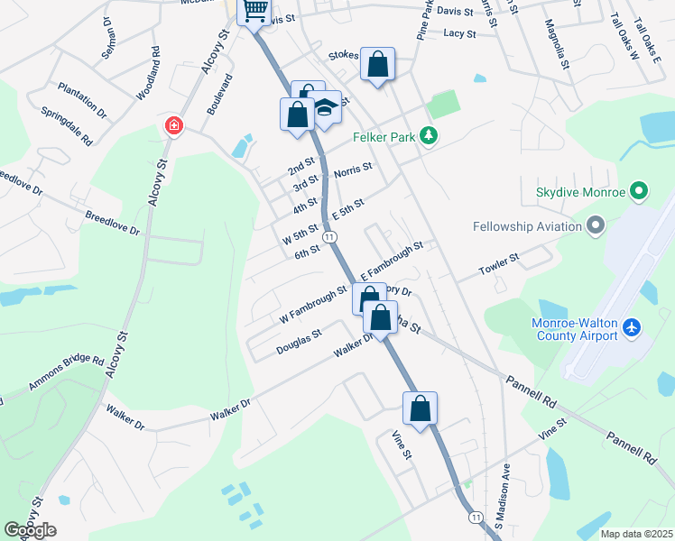 map of restaurants, bars, coffee shops, grocery stores, and more near 1114 South Broad Street in Monroe