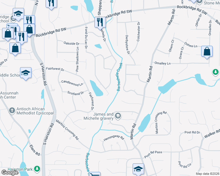 map of restaurants, bars, coffee shops, grocery stores, and more near 556 Barbashela Drive in Stone Mountain