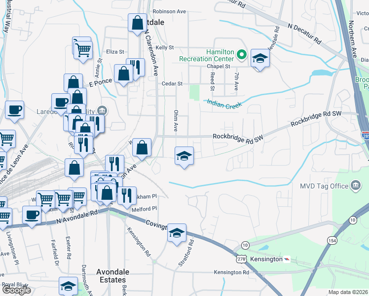 map of restaurants, bars, coffee shops, grocery stores, and more near 3152 Old Rockbridge Road in Avondale Estates