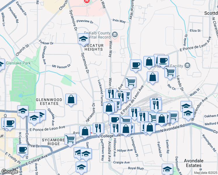 map of restaurants, bars, coffee shops, grocery stores, and more near 5 Renfroe Court in Decatur