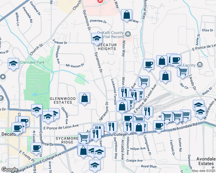 map of restaurants, bars, coffee shops, grocery stores, and more near 615 Sycamore Drive in Decatur
