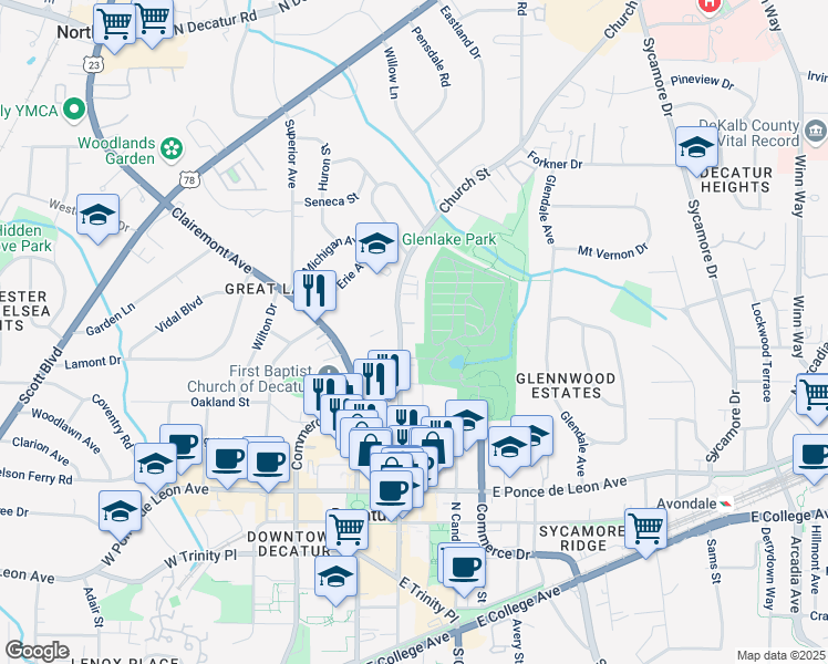 map of restaurants, bars, coffee shops, grocery stores, and more near 921 Church Street in Decatur