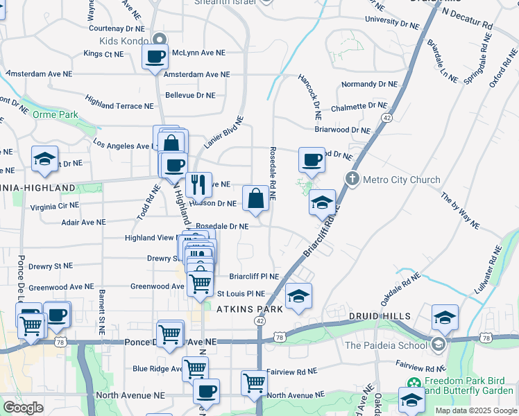 map of restaurants, bars, coffee shops, grocery stores, and more near 1156 Rosedale Drive Northeast in Atlanta