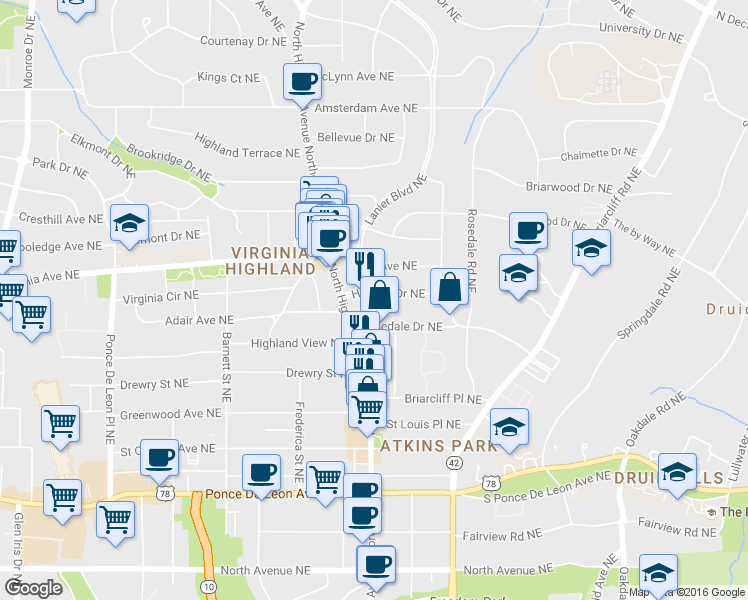 map of restaurants, bars, coffee shops, grocery stores, and more near 1063 Hudson Drive Northeast in Atlanta