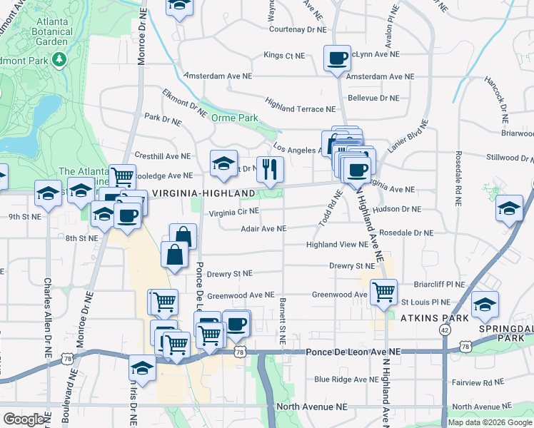 map of restaurants, bars, coffee shops, grocery stores, and more near 835 Adair Avenue Northeast in Atlanta