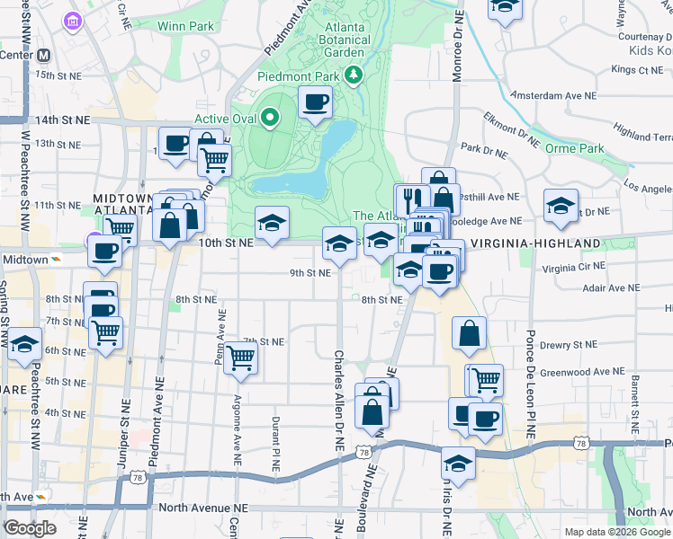 map of restaurants, bars, coffee shops, grocery stores, and more near 952 Charles Allen Drive Northeast in Atlanta