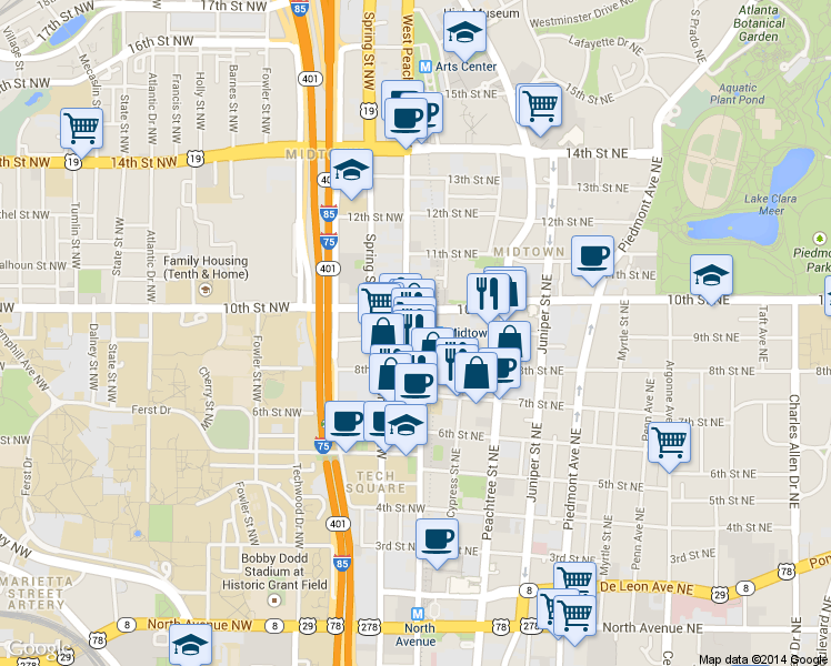 map of restaurants, bars, coffee shops, grocery stores, and more near in Atlanta
