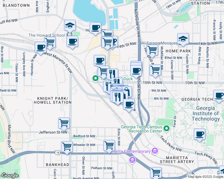map of restaurants, bars, coffee shops, grocery stores, and more near 914 Howell Mill Road Northwest in Atlanta