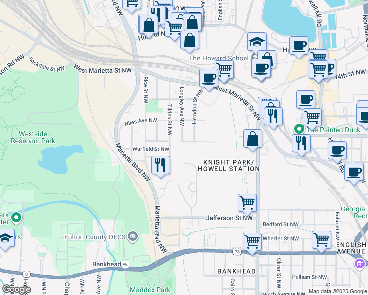 map of restaurants, bars, coffee shops, grocery stores, and more near 923 Tilden Street Northwest in Atlanta