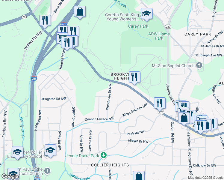 map of restaurants, bars, coffee shops, grocery stores, and more near 935 Woodmere Drive Northwest in Atlanta
