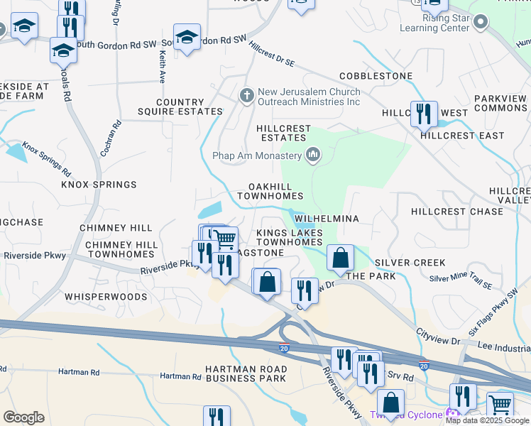 map of restaurants, bars, coffee shops, grocery stores, and more near 7178 Fringe Flower Drive in Austell