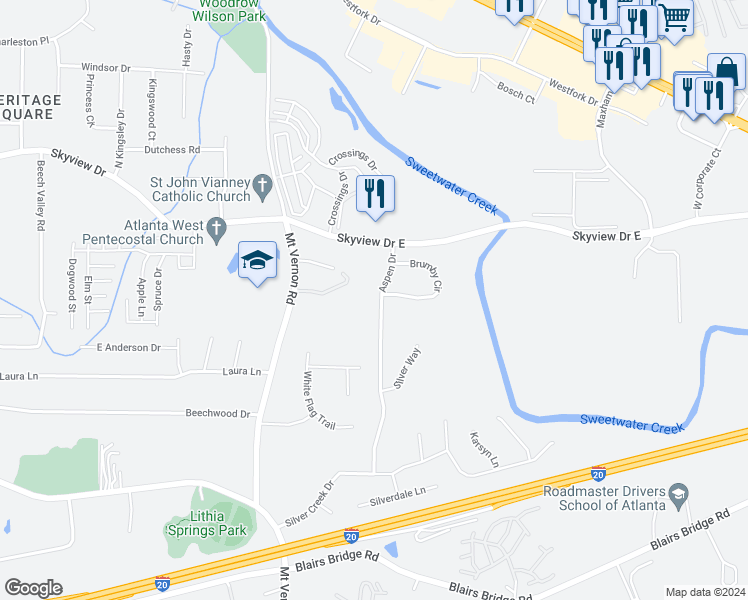 map of restaurants, bars, coffee shops, grocery stores, and more near 871 Aspen Drive in Lithia Springs