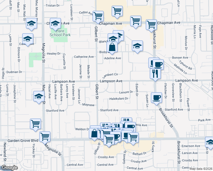 map of restaurants, bars, coffee shops, grocery stores, and more near 9562 Lambert Circle in Garden Grove