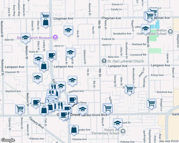 map of restaurants, bars, coffee shops, grocery stores, and more near 12552 7th Street in Garden Grove