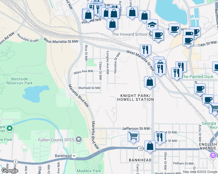 map of restaurants, bars, coffee shops, grocery stores, and more near 923 Tilden Street Northwest in Atlanta