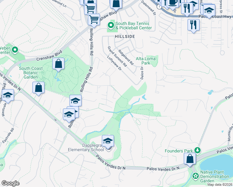 map of restaurants, bars, coffee shops, grocery stores, and more near 42 Empty Saddle Road in Rolling Hills Estates