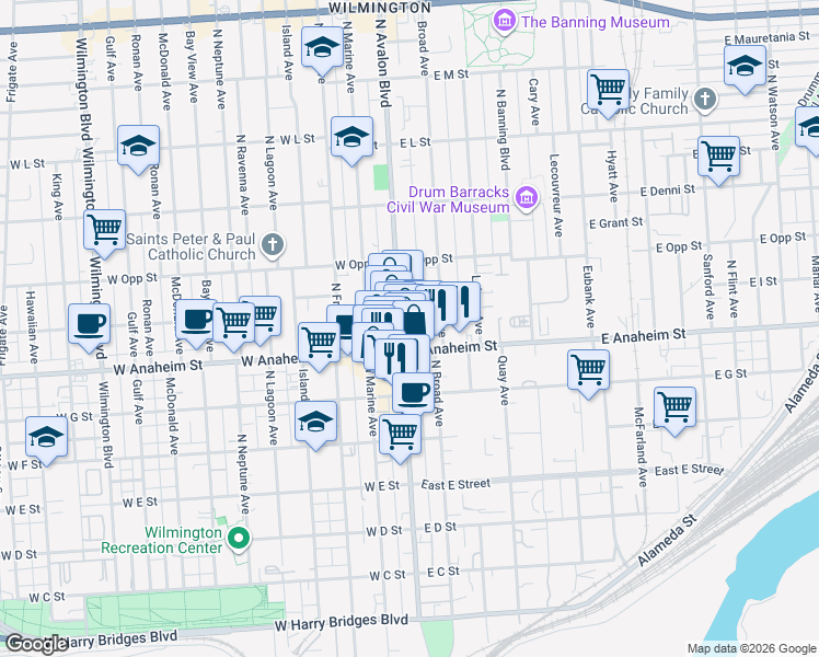 map of restaurants, bars, coffee shops, grocery stores, and more near 124 East Anaheim Street in Los Angeles