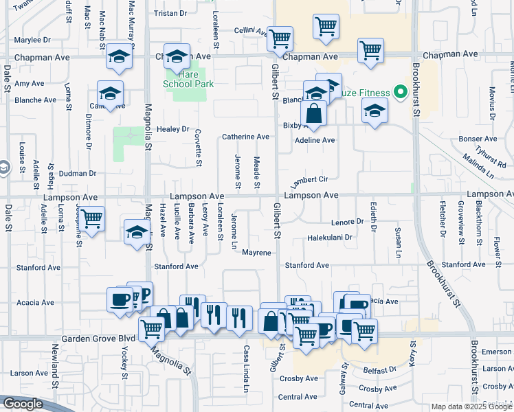 map of restaurants, bars, coffee shops, grocery stores, and more near 12531 Mabee Circle in Garden Grove