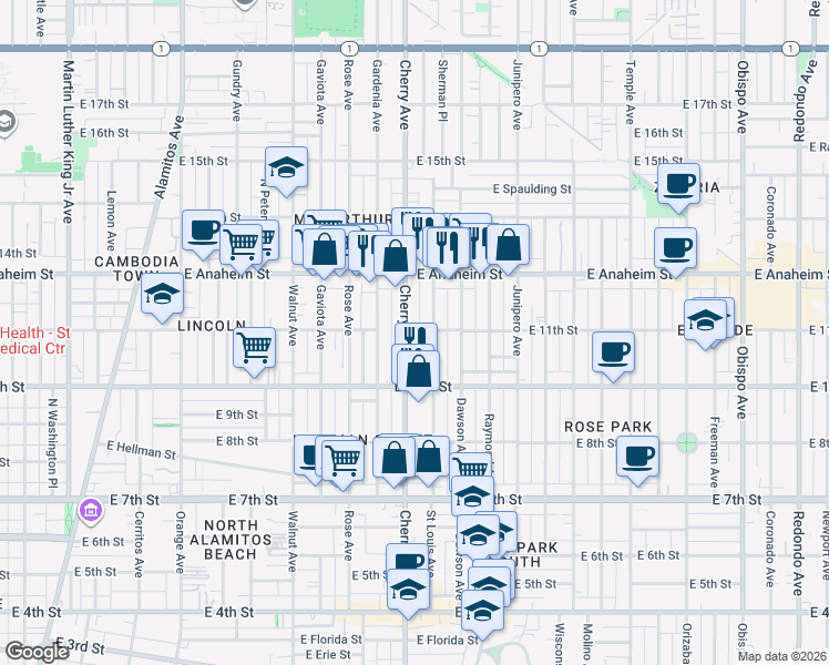 map of restaurants, bars, coffee shops, grocery stores, and more near 1059 Saint Louis Avenue in Long Beach