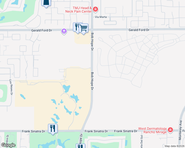 map of restaurants, bars, coffee shops, grocery stores, and more near 36142 Bob Hope Drive in Rancho Mirage