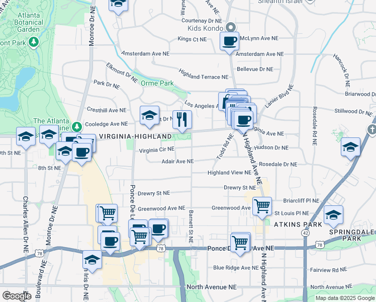 map of restaurants, bars, coffee shops, grocery stores, and more near 885 Adair Avenue Northeast in Atlanta