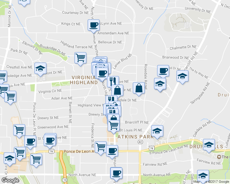 map of restaurants, bars, coffee shops, grocery stores, and more near 1063 Hudson Drive Northeast in Atlanta