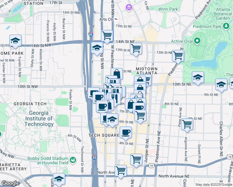 map of restaurants, bars, coffee shops, grocery stores, and more near 00 Peachtree Place Northeast in Atlanta