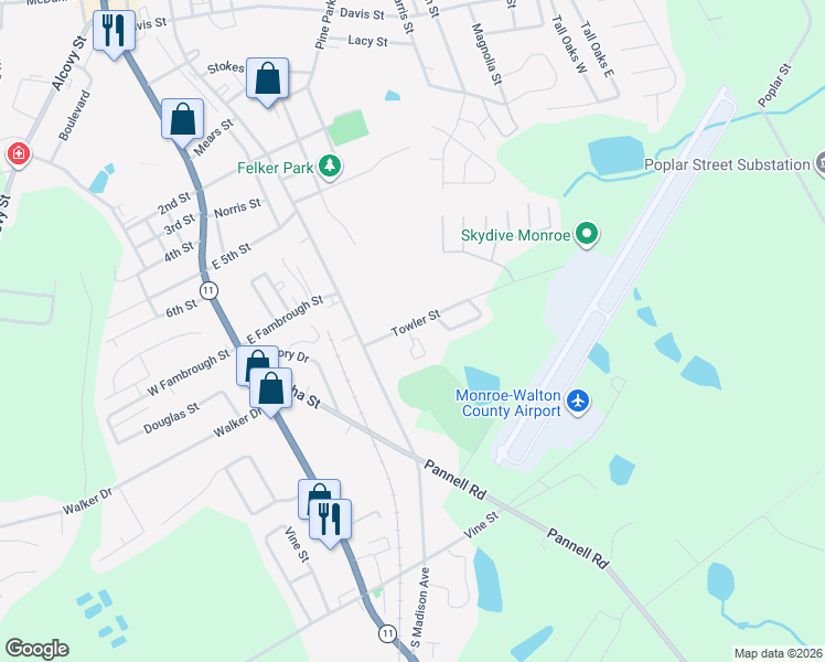 map of restaurants, bars, coffee shops, grocery stores, and more near 334 Towler Street in Monroe