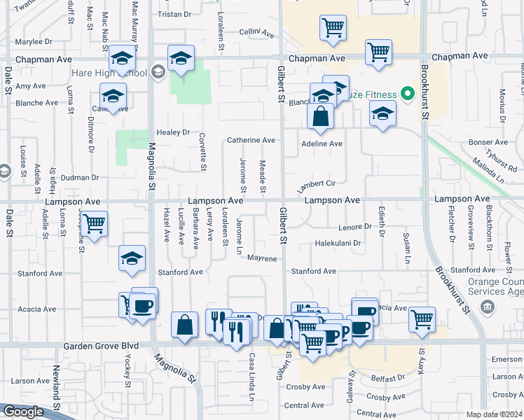 map of restaurants, bars, coffee shops, grocery stores, and more near 12531 Mabee Circle in Garden Grove