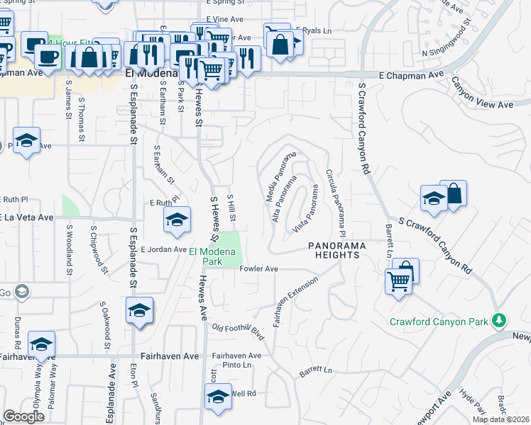 map of restaurants, bars, coffee shops, grocery stores, and more near 12284 Circula Panorama Place in Santa Ana