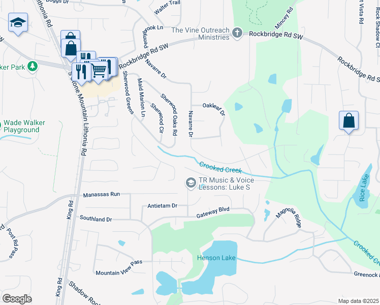 map of restaurants, bars, coffee shops, grocery stores, and more near 563 Navarre Drive in Stone Mountain