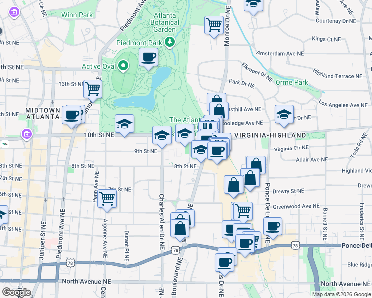 map of restaurants, bars, coffee shops, grocery stores, and more near 930 Monroe Drive Northeast in Atlanta