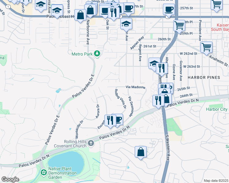map of restaurants, bars, coffee shops, grocery stores, and more near 13 Dorado Place in Rolling Hills Estates