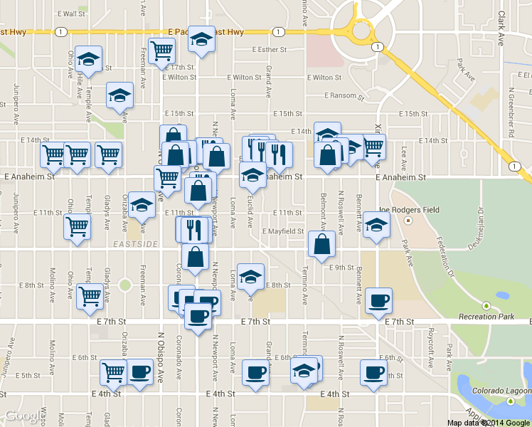 map of restaurants, bars, coffee shops, grocery stores, and more near 1054 Euclid Avenue in Long Beach