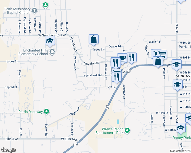 map of restaurants, bars, coffee shops, grocery stores, and more near 1021 Tomahawk Road in Perris
