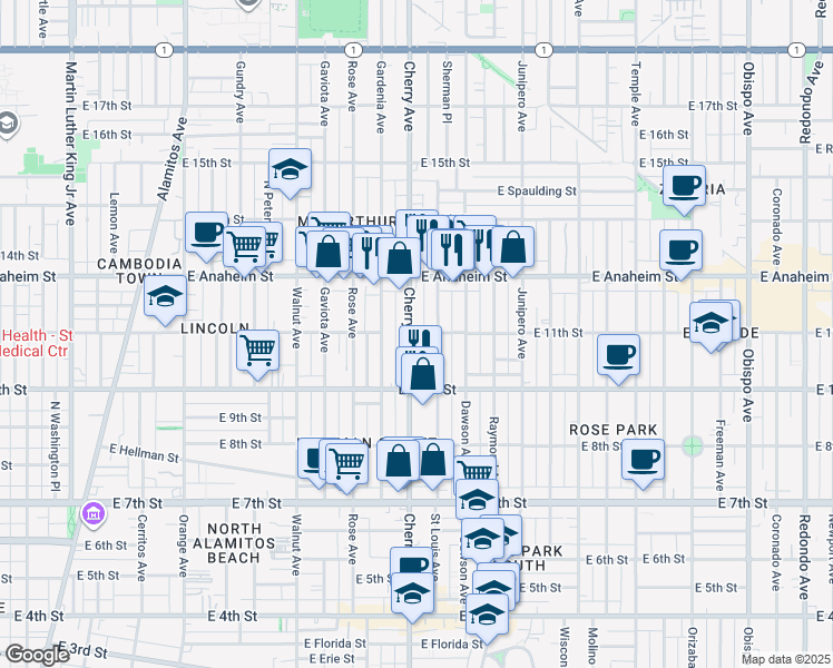 map of restaurants, bars, coffee shops, grocery stores, and more near 1059 Saint Louis Avenue in Long Beach