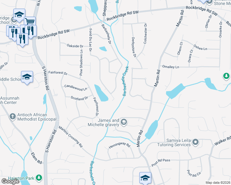 map of restaurants, bars, coffee shops, grocery stores, and more near 556 Barbashela Drive in Stone Mountain