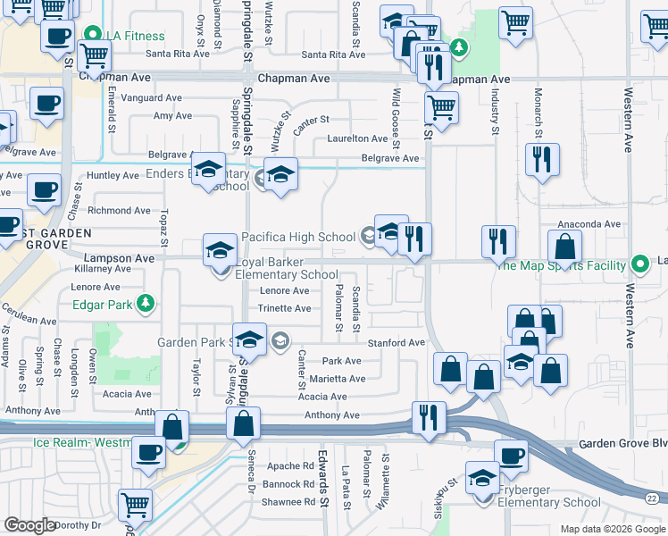 map of restaurants, bars, coffee shops, grocery stores, and more near 12452 Lamplighter Street in Garden Grove