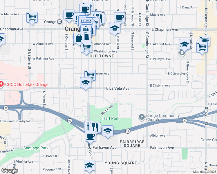 map of restaurants, bars, coffee shops, grocery stores, and more near 453 South Grand Street in Orange