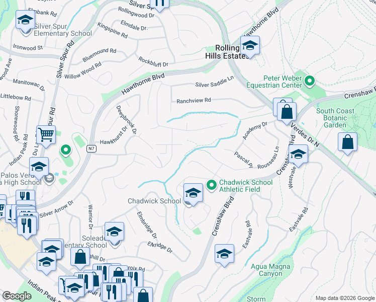 map of restaurants, bars, coffee shops, grocery stores, and more near 3 Seahurst Road in Rolling Hills Estates