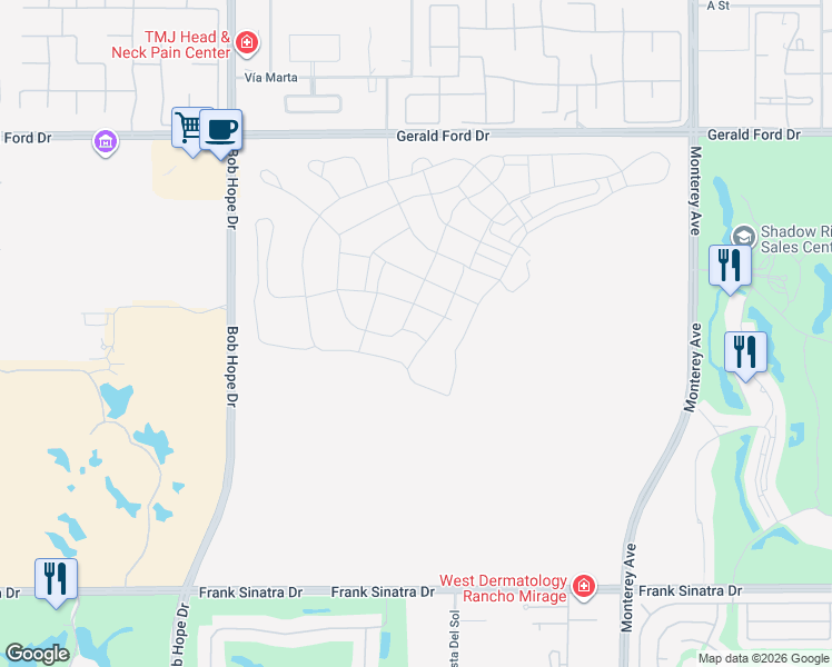 map of restaurants, bars, coffee shops, grocery stores, and more near Marine Way in Rancho Mirage