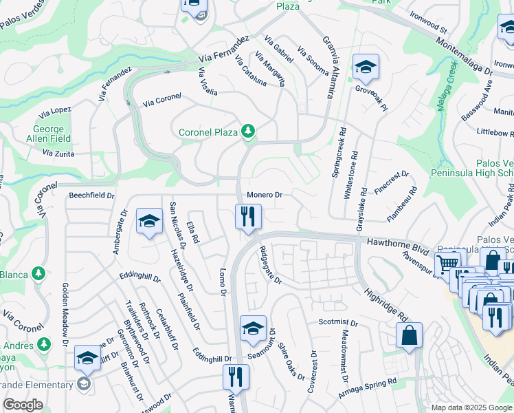map of restaurants, bars, coffee shops, grocery stores, and more near 6305 Monero Drive in Rancho Palos Verdes