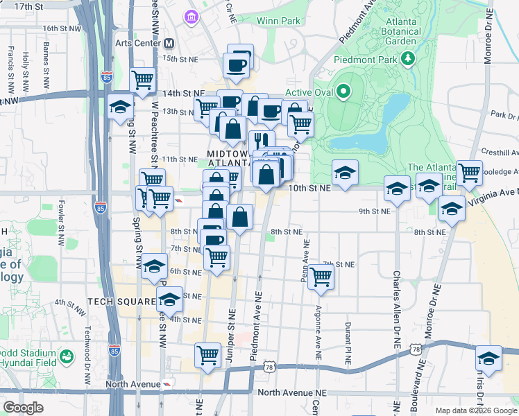 map of restaurants, bars, coffee shops, grocery stores, and more near in Atlanta