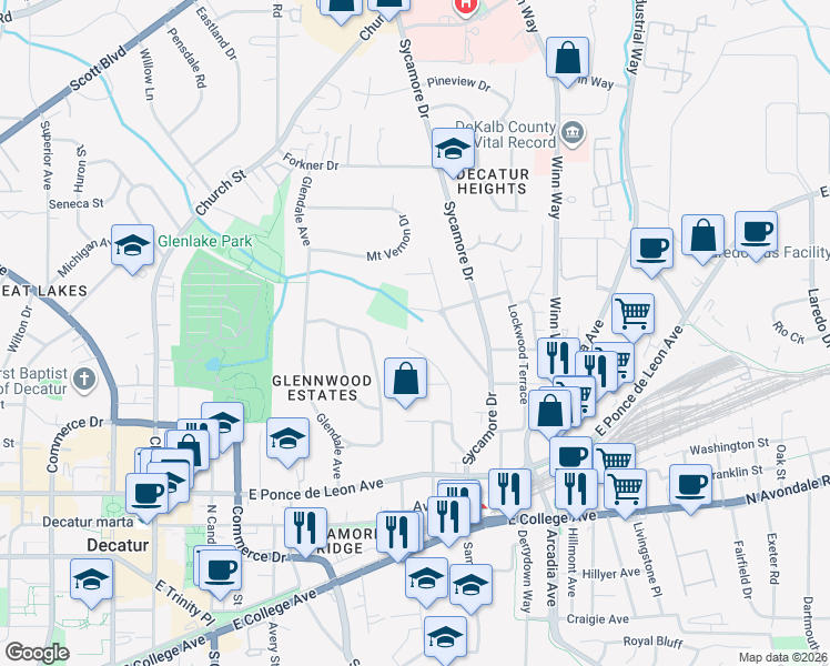map of restaurants, bars, coffee shops, grocery stores, and more near 351 Hillcrest Avenue in Decatur