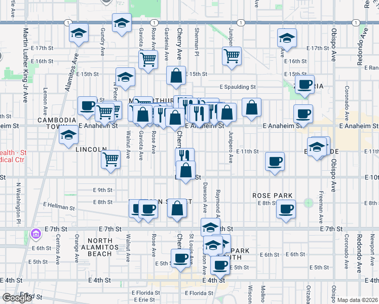 map of restaurants, bars, coffee shops, grocery stores, and more near 1131 Saint Louis Avenue in Long Beach
