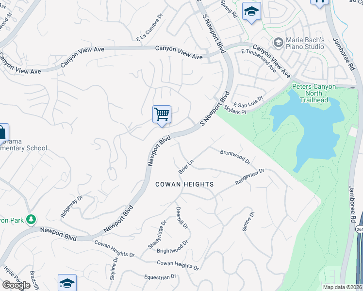 map of restaurants, bars, coffee shops, grocery stores, and more near 10071 Highcliff Drive in Santa Ana
