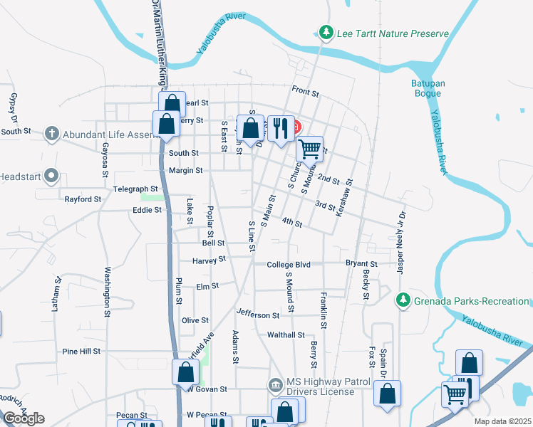 map of restaurants, bars, coffee shops, grocery stores, and more near South Main Street in Grenada